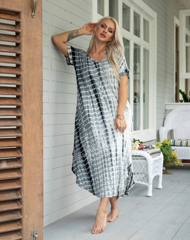 AVIIER Nightgowns for Women Cotton V Neck Sleepwear Short Sleeve Loungewear (Tie Dye-Gray, X-Large) - Image 3